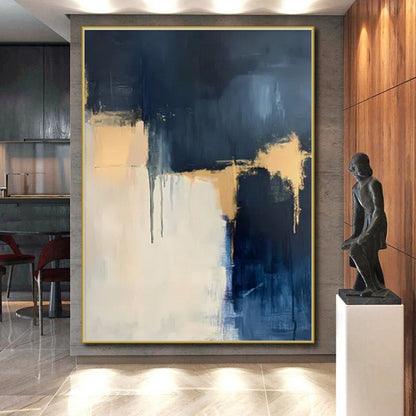 Handmade Art Navy, Beige, and Gold Textured Abstract Art HS748