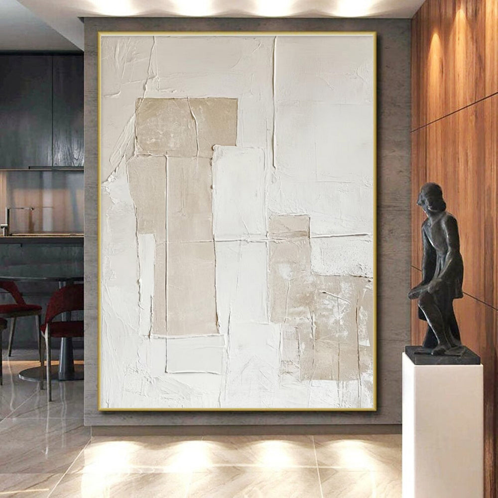 Large Contemporary Wall Art Beige and White Textured Abstract Art HS745