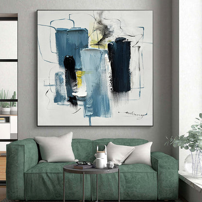Large Contemporary Wall Art with Blue, Black, White and Yellow Colors, Abstract Urban Theme HS479