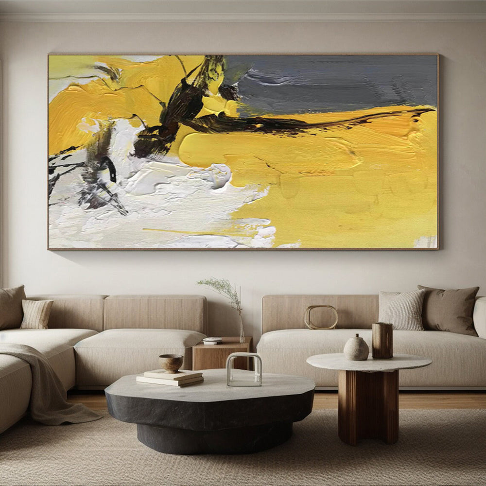 Large Size Yellow, Gray & White Textured Abstract Art HS390