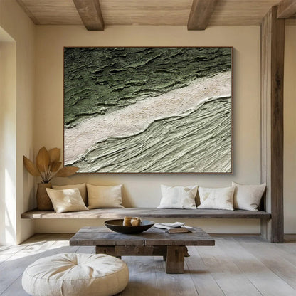 Green, Beige, Gray Textured Abstract Landscape Painting, Abstract Acrylic Art WB001