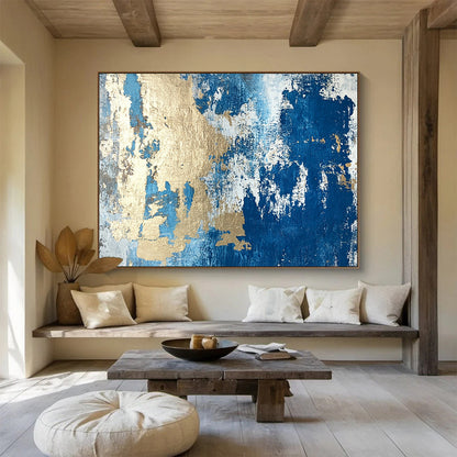 Big Size Blue, White, and Gold Textured Abstract Art WB262
