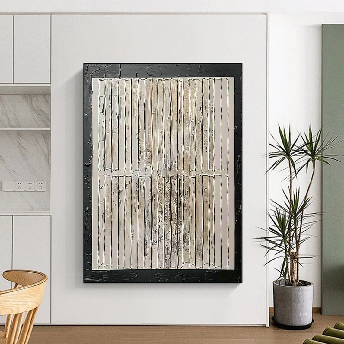 Handmade Art Beige and Black Textured Abstract Painting On Canvas HS815