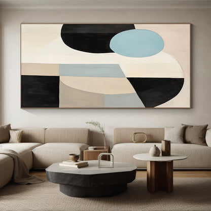 Handmade Art Beige, Black, and Blue Abstract Geometric Painting For Sale HS167