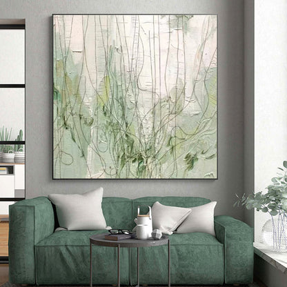 Unique Abstract Art Green & White Line Abstract, Large Contemporary Wall Art HS346