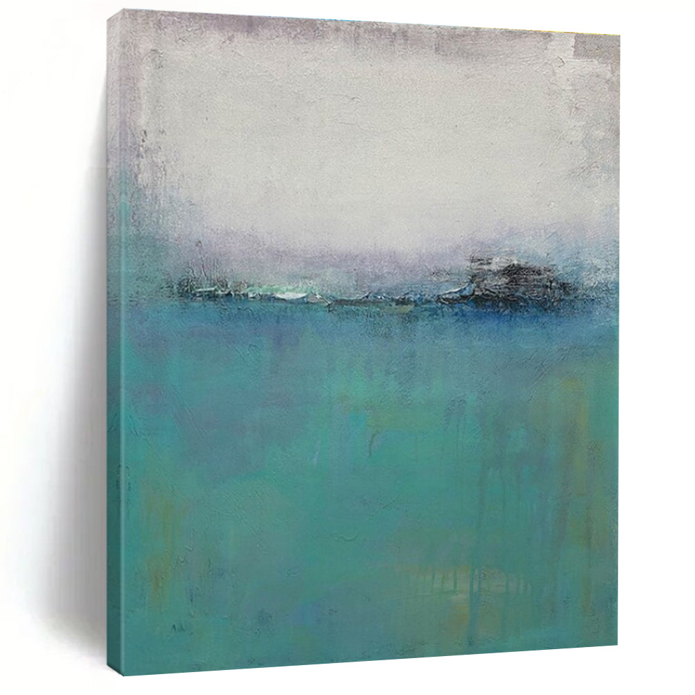 Turquoise, Gray, and White Misty Abstract Seaside Painting For Sale Online WS476
