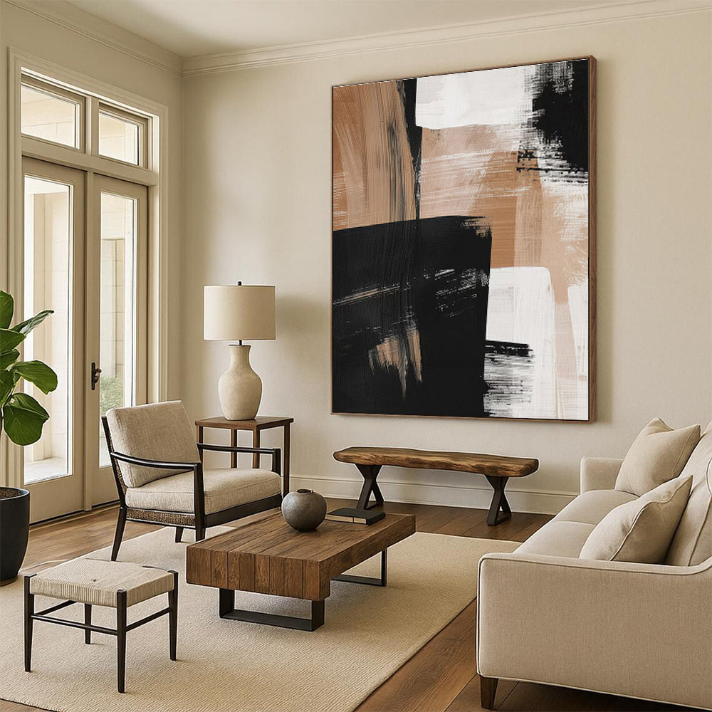 Hand-Painted Black, Beige & White Gestural Abstract, Acrylic Modern Art Painting HS442