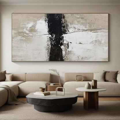 Hand-Painted Black, White, and Beige Minimalist Abstract Painting For Sale HS007