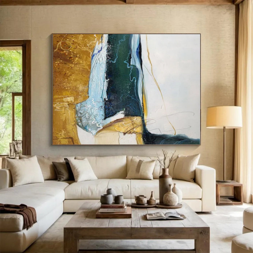 Hand Painted Art Blue, Green, and Gold Dynamic Abstract Painting On Canvas HS811