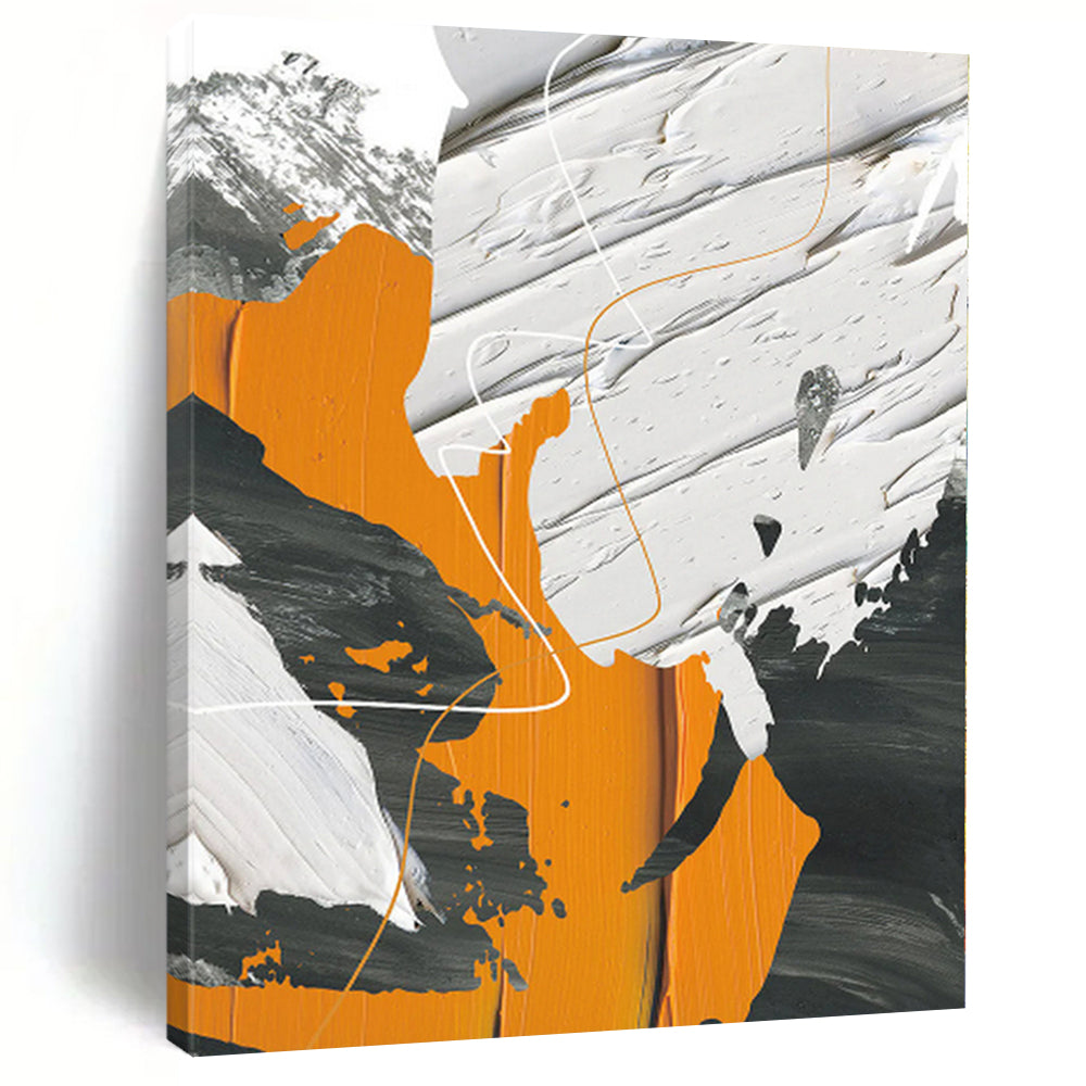 Hand-Painted Orange, Black, and White Abstract Textured Painting For Sale HS090