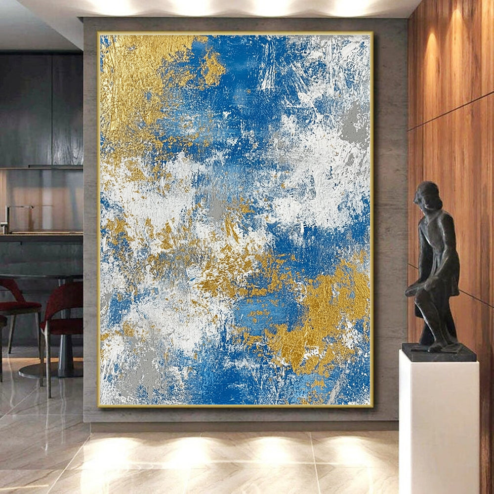 Handmade Art Blue, White, and Gold Abstract Textured Painting For Sale HS118