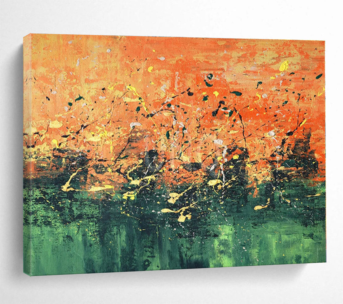Oversized Canvas Art Orange and Green Abstract Splatter Painting WB053