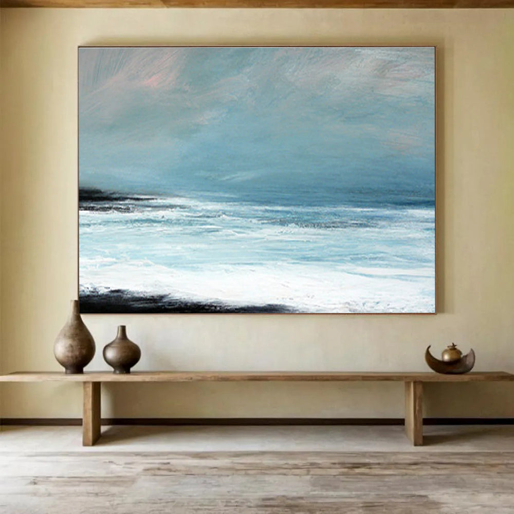 Horizontal Light Blue, White, and Black Abstract Coastal Waves, Abstract Oil Painting WB187