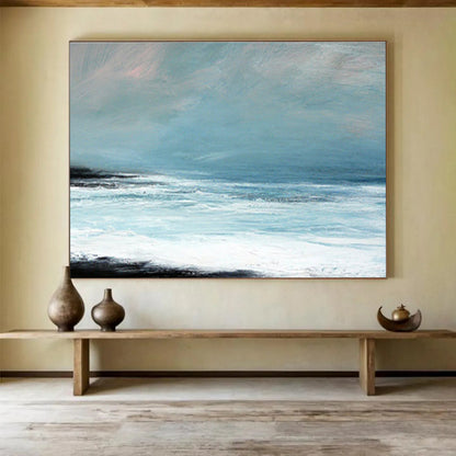 Horizontal Light Blue, White, and Black Abstract Coastal Waves, Abstract Oil Painting WB187