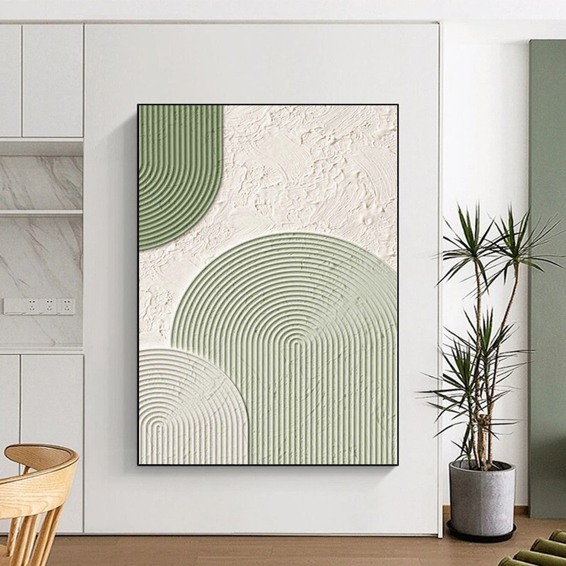 Large Size Green and White Abstract Geometric Shape Painting For Sale HS074