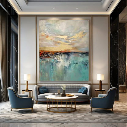 Multicolor Sky and Sea with Golden Accents Abstract Landscape Painting For Sale Online WS466