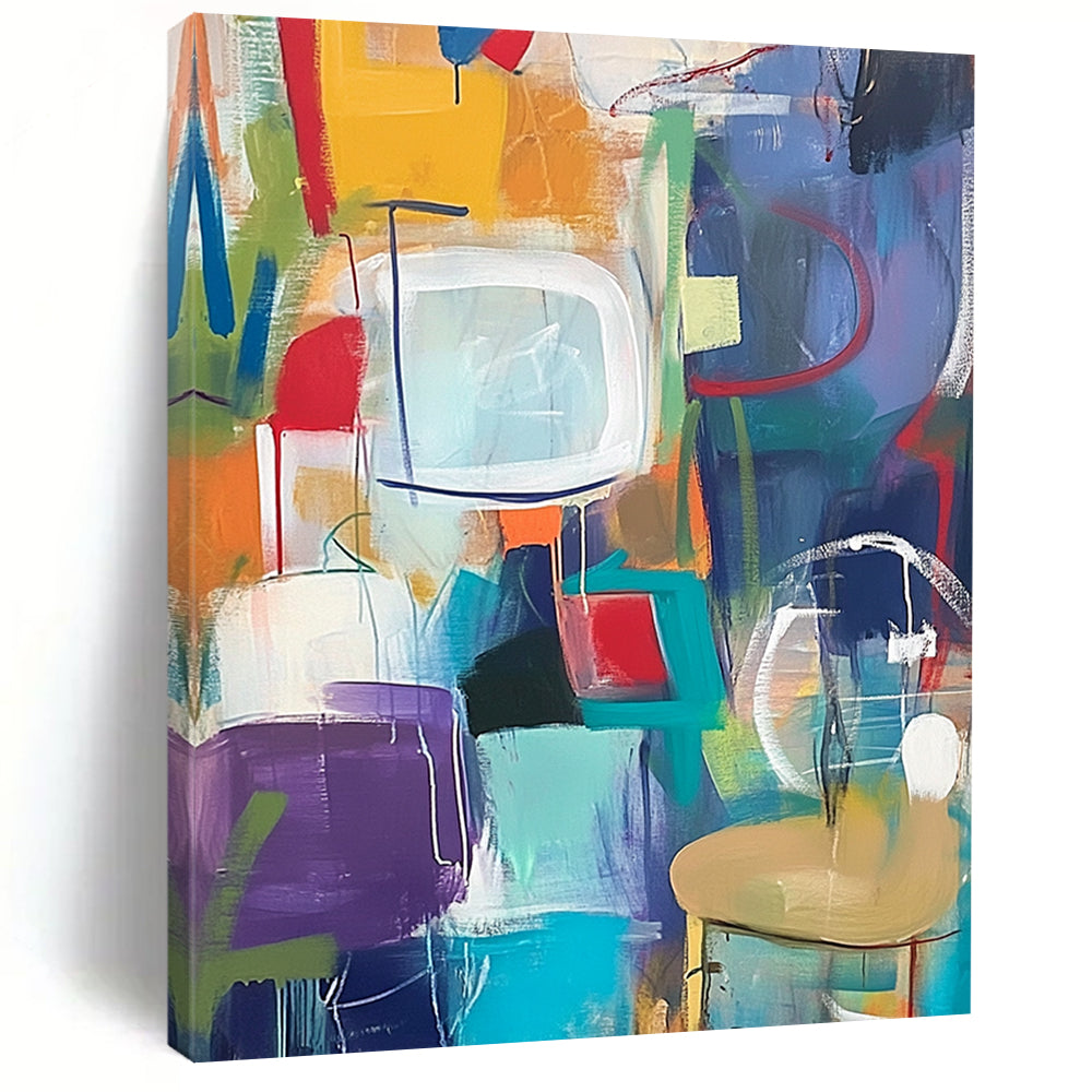 Large Contemporary Wall Art Multicolor Abstract Shape Painting For Sale HS152