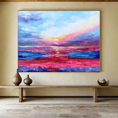Big Size Pink, Blue and Yellow Abstract Seaside Sunset Painting WB076