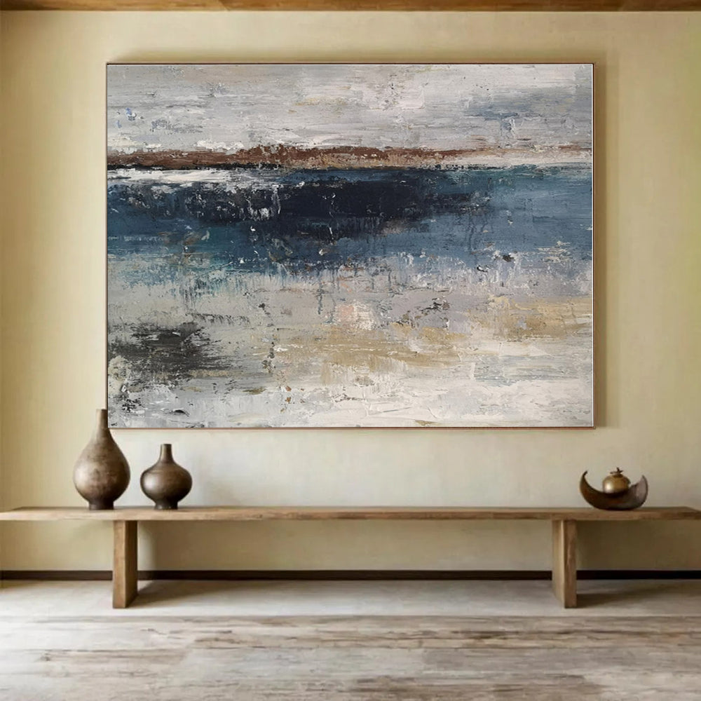 Oversized Canvas Art Blue, Gray and Beige Abstract Landscape Painting WB077