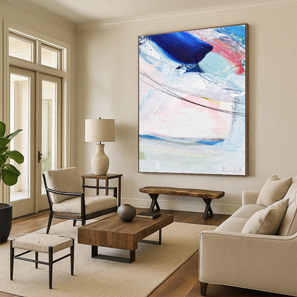 Hand Painted Art Blue, Pink & White Gestural Abstract, Large Painting In Living Room HS236
