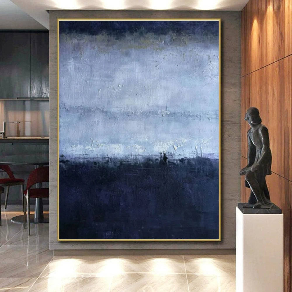 Large Contemporary Wall Art Blue and Gray Textured Abstract Landscape HS612