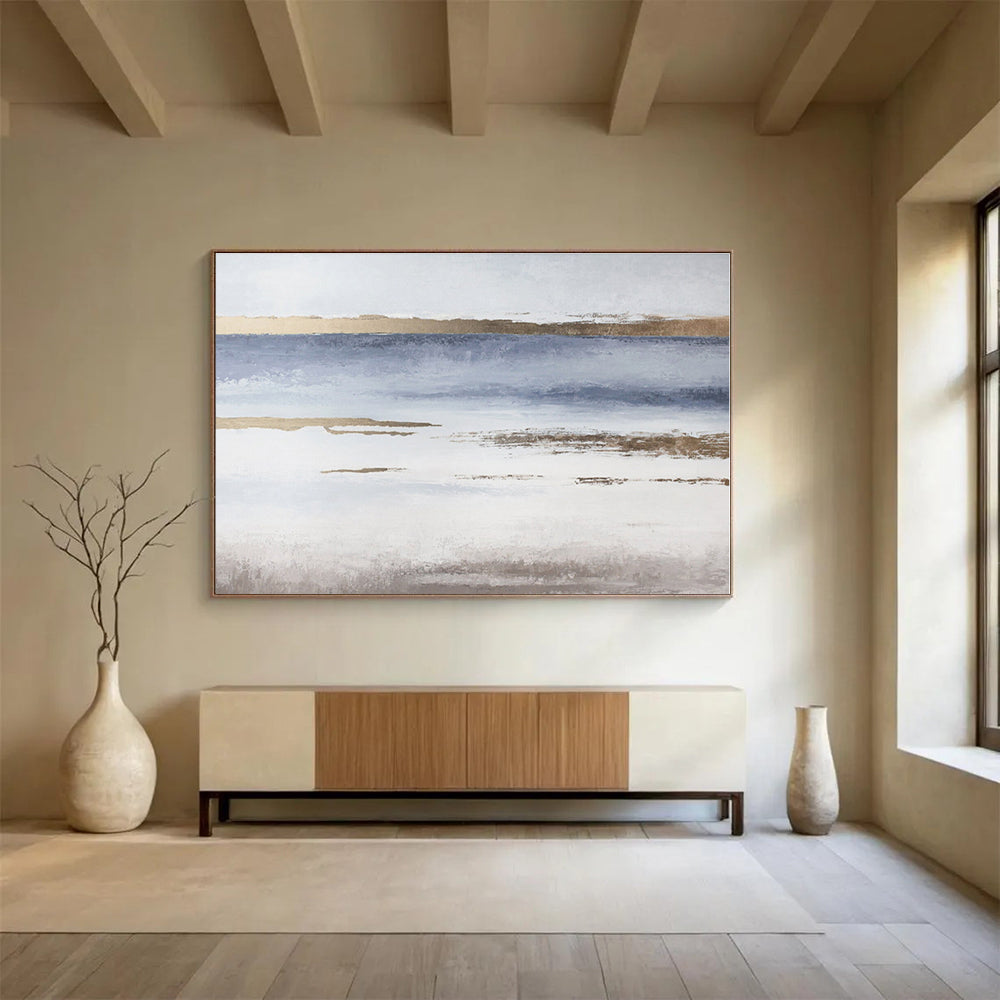 Oversized Canvas Art Blue, Gold and White Abstract Landscape Painting WB116