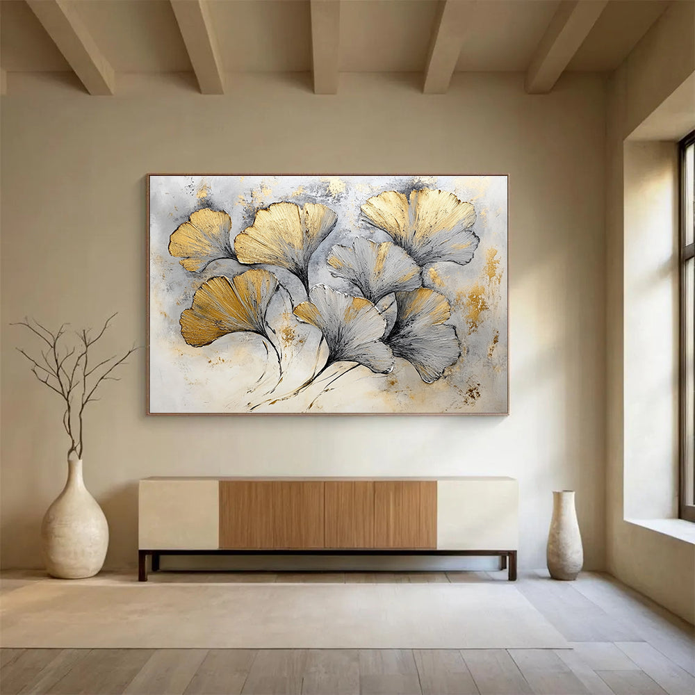 Hand Paintings with Gold, Gray and White Colors, Ginkgo Leaf Theme Abstract Art WB303