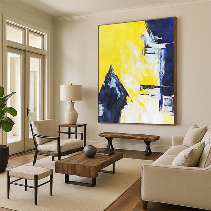Unique Abstract Art Yellow & Blue Geometric Abstract, Large Contemporary Wall Art HS353