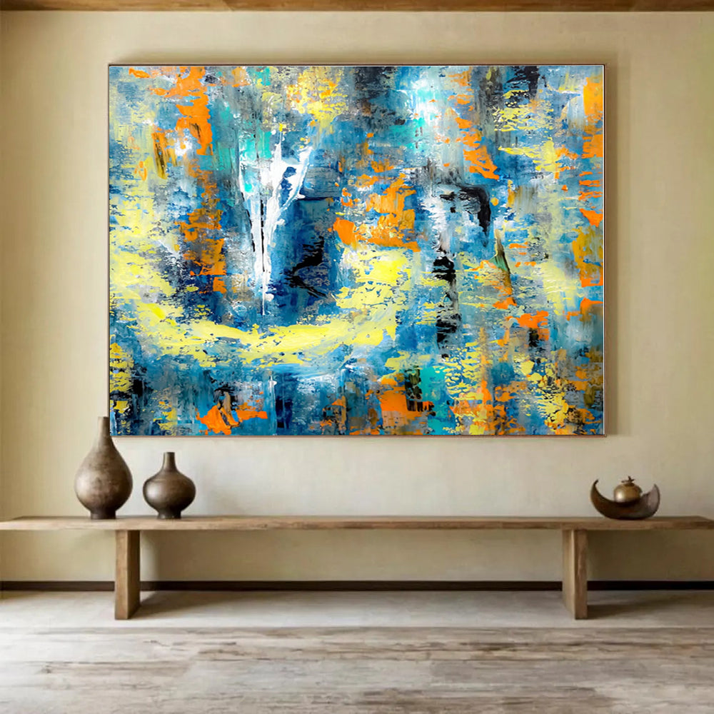 Extra Large Size Blue, Yellow, and Orange Abstract Splash Art, Abstract Acrylic Painting WB162