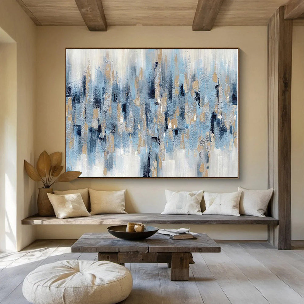 Oversized Canvas Art Blue, Beige and Gold Abstract Cityscape Painting WB122