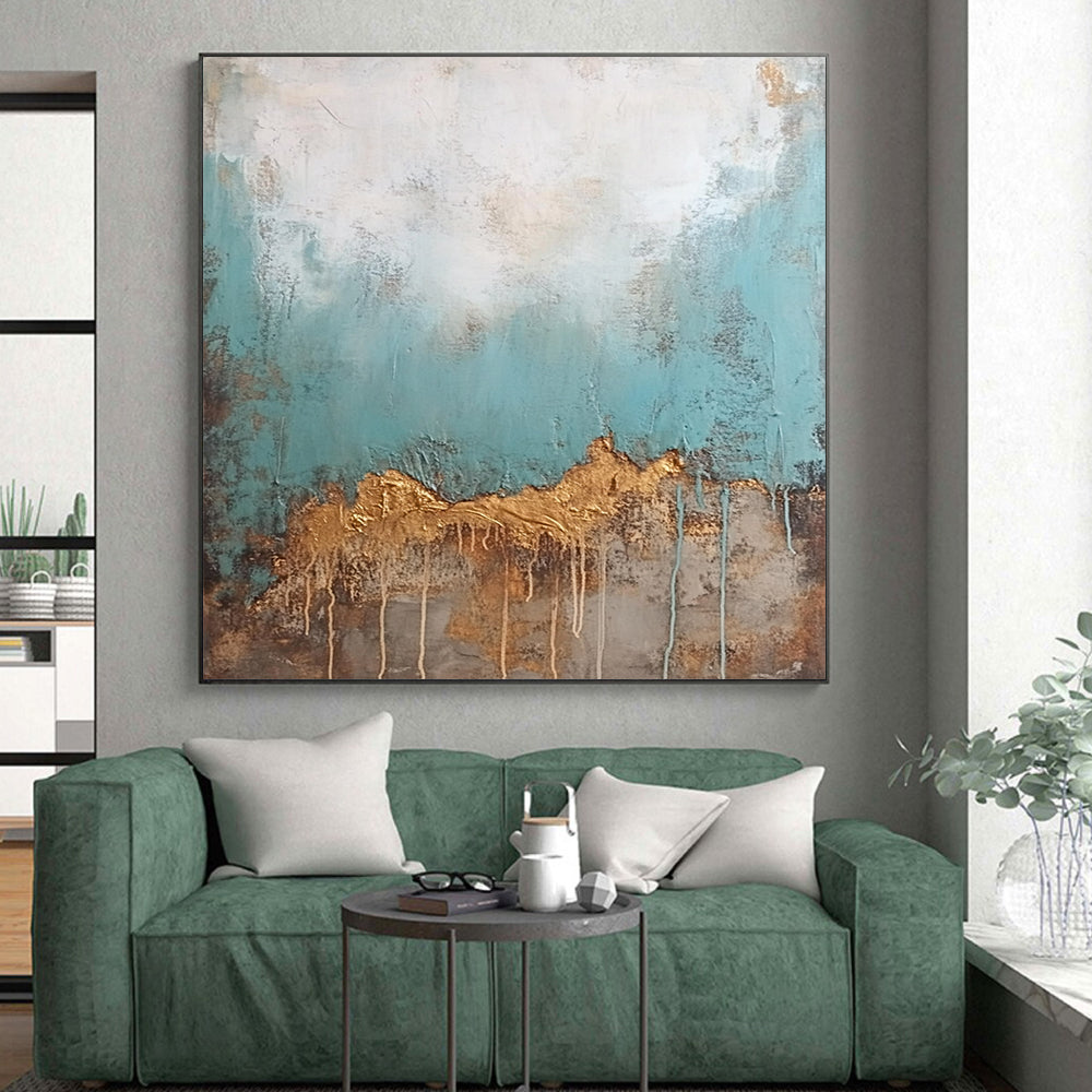 Hand Painted Art Teal, Gold, and Brown Abstract Textured Painting For Sale HS149