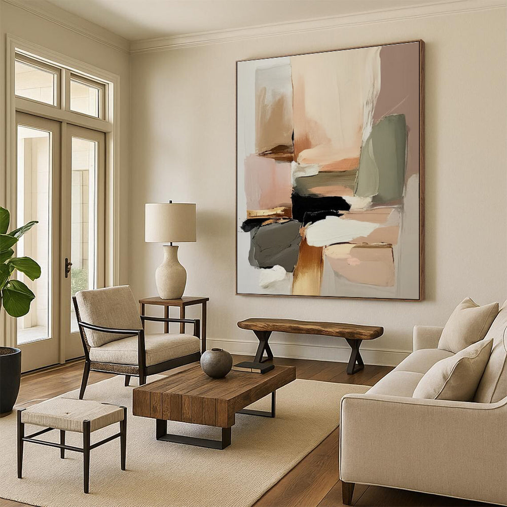 Acrylic Modern Art Paintings Soft Neutral and Bold Black Shapes HS576