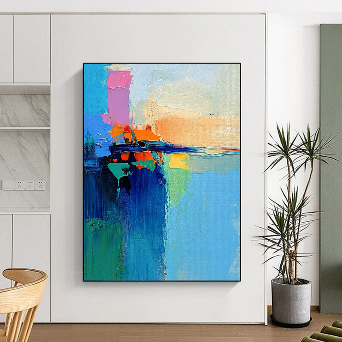 Hand-Painted Multicolor Abstract Seaside Painting For Sale HS122