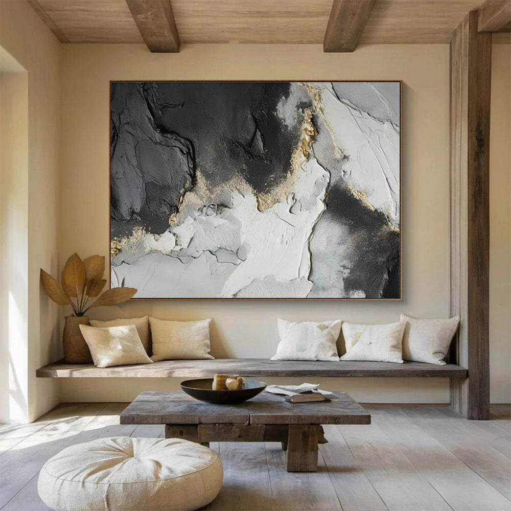 Contemporary Abstract Art: Black Grey and Gold Textured Abstract Painting WB361