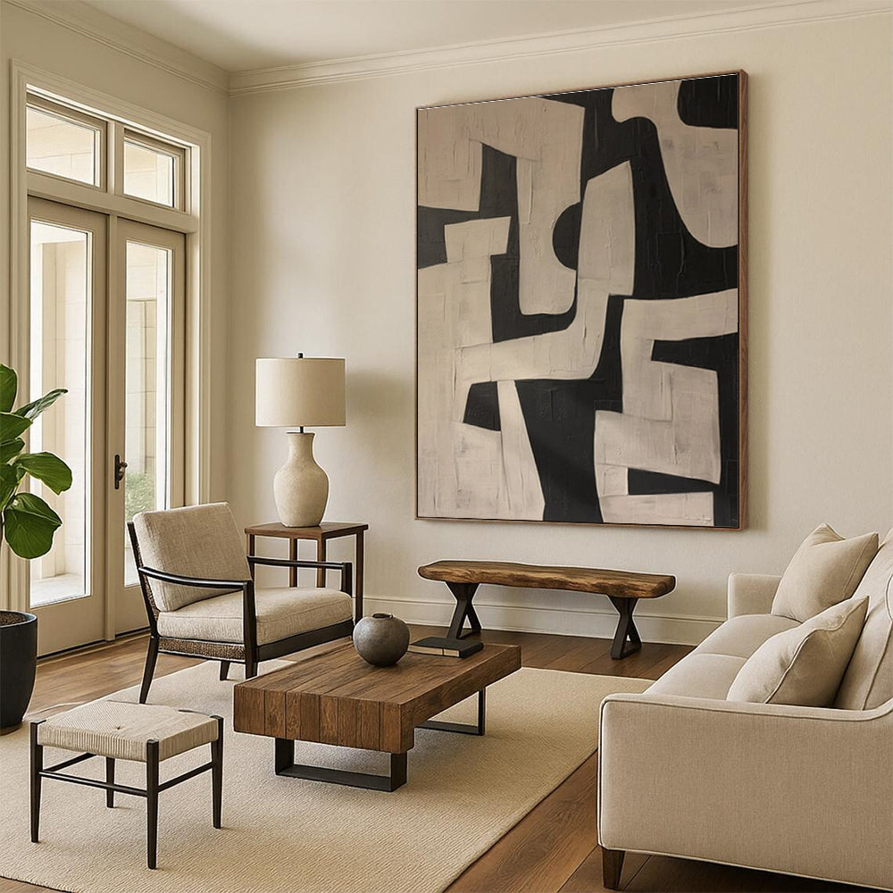 Unique Abstract Art Black & White Geometric Abstract, Large Contemporary Wall Art HS316