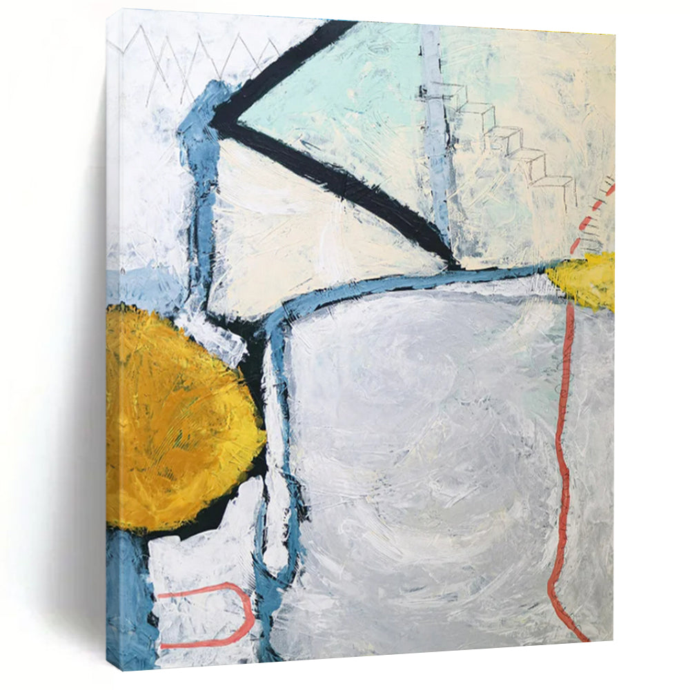 Handmade Art Gray, Yellow, and Blue Geometric Abstract Painting On Canvas HS826