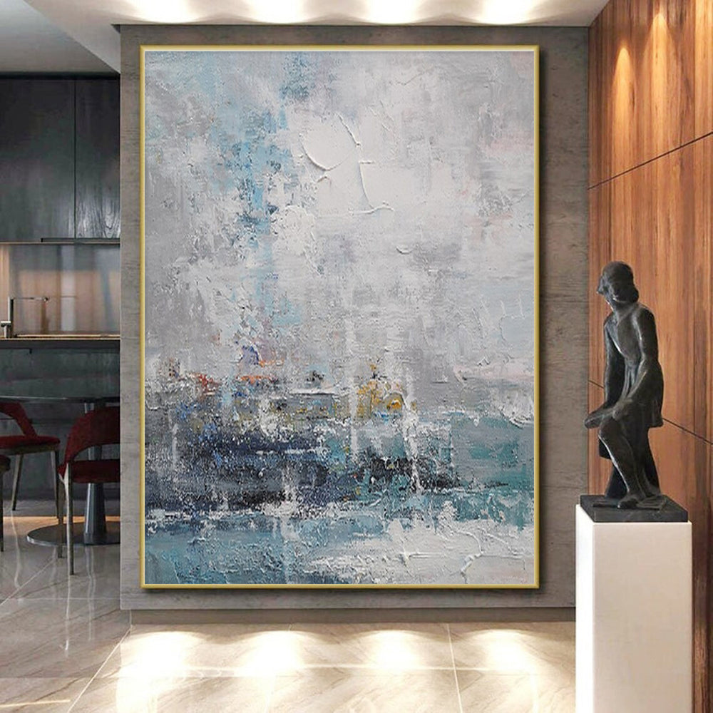 Acrylic Modern Art Paintings Blue, Gray, and White Textured Abstract Landscape HS684