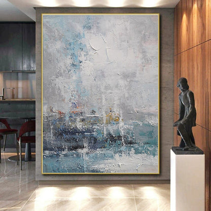 Acrylic Modern Art Paintings Blue, Gray, and White Textured Abstract Landscape HS684
