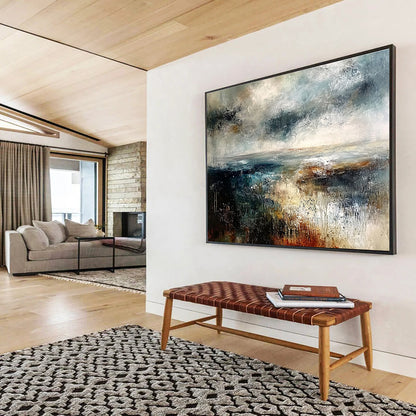 Extra Large Size Gray, Blue, and Brown Abstract Stormy Seascape - Acrylic Painting WB279