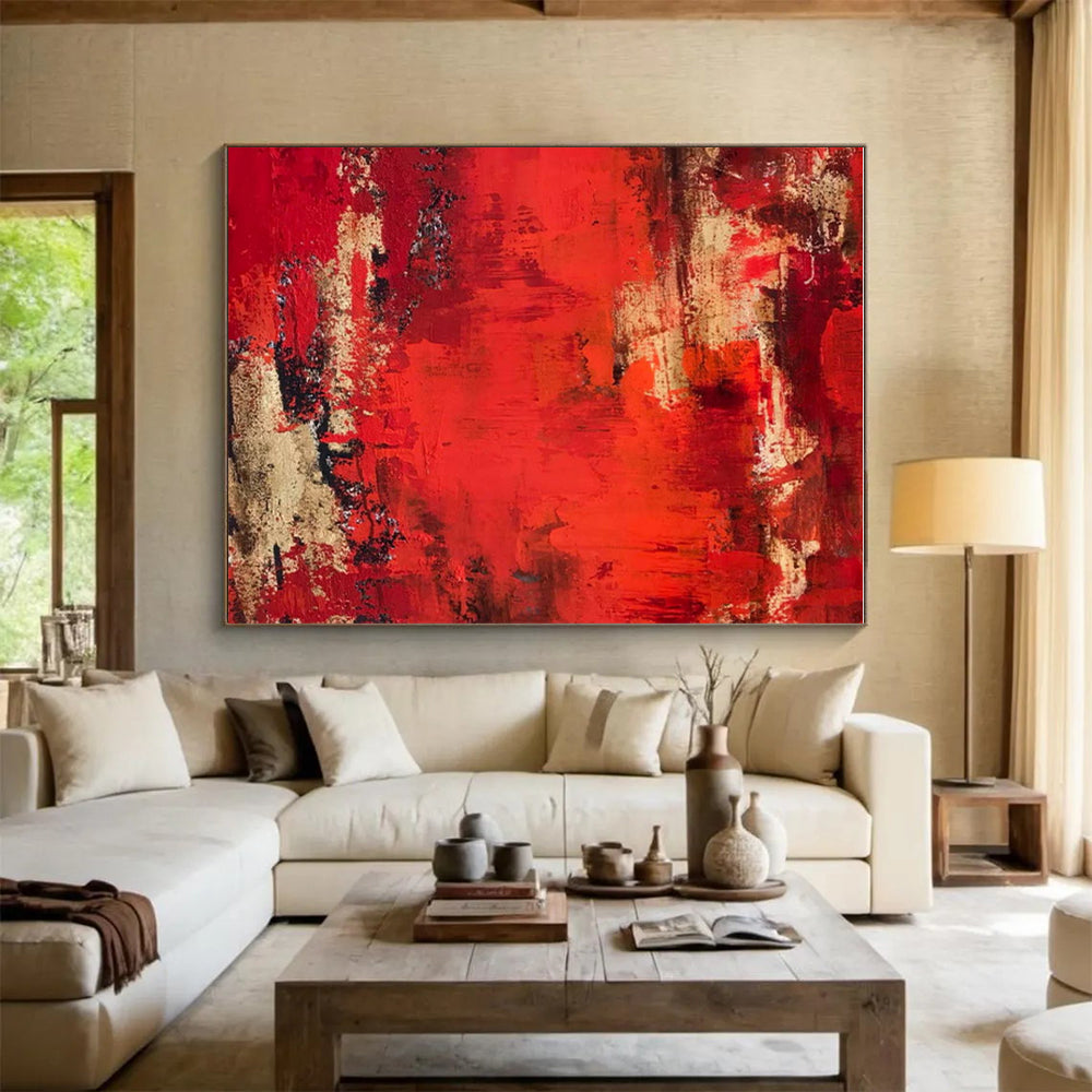 Gaint Canvas Art Red & Gold Textured Abstract, Oversized Abstract Wall Art HS455