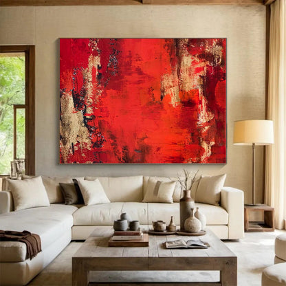 Gaint Canvas Art Red & Gold Textured Abstract, Oversized Abstract Wall Art HS455