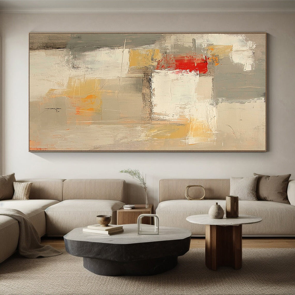 Modern Art Acrylic Gray, White, Yellow, and Red Abstract Shape Painting For Sale HS150