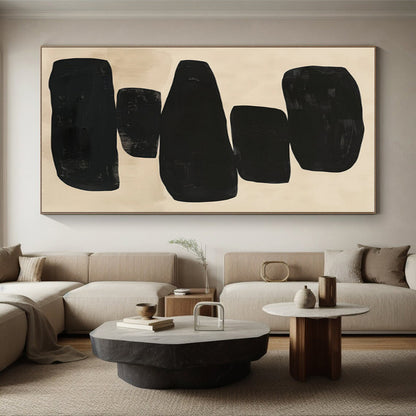 Big Painting Black & Beige Abstract Stacked Shapes Art HS375