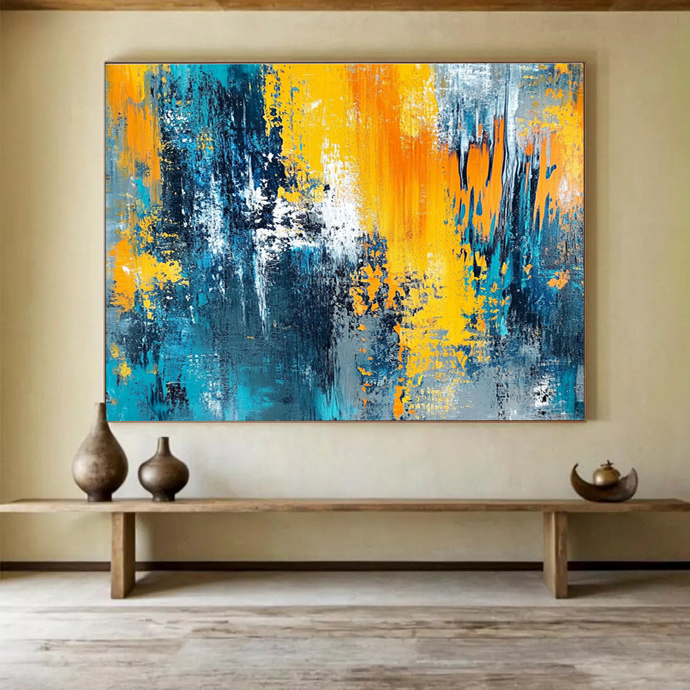 Big Size Blue, Orange, Yellow, and Gray Textured Abstract Art WB267