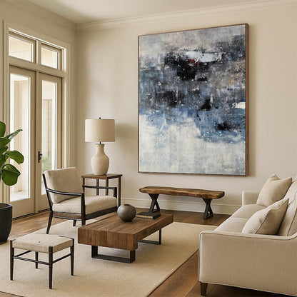 Handmade Art Gray & Blue Textured Abstract, Minimalist Canvas Art HS419