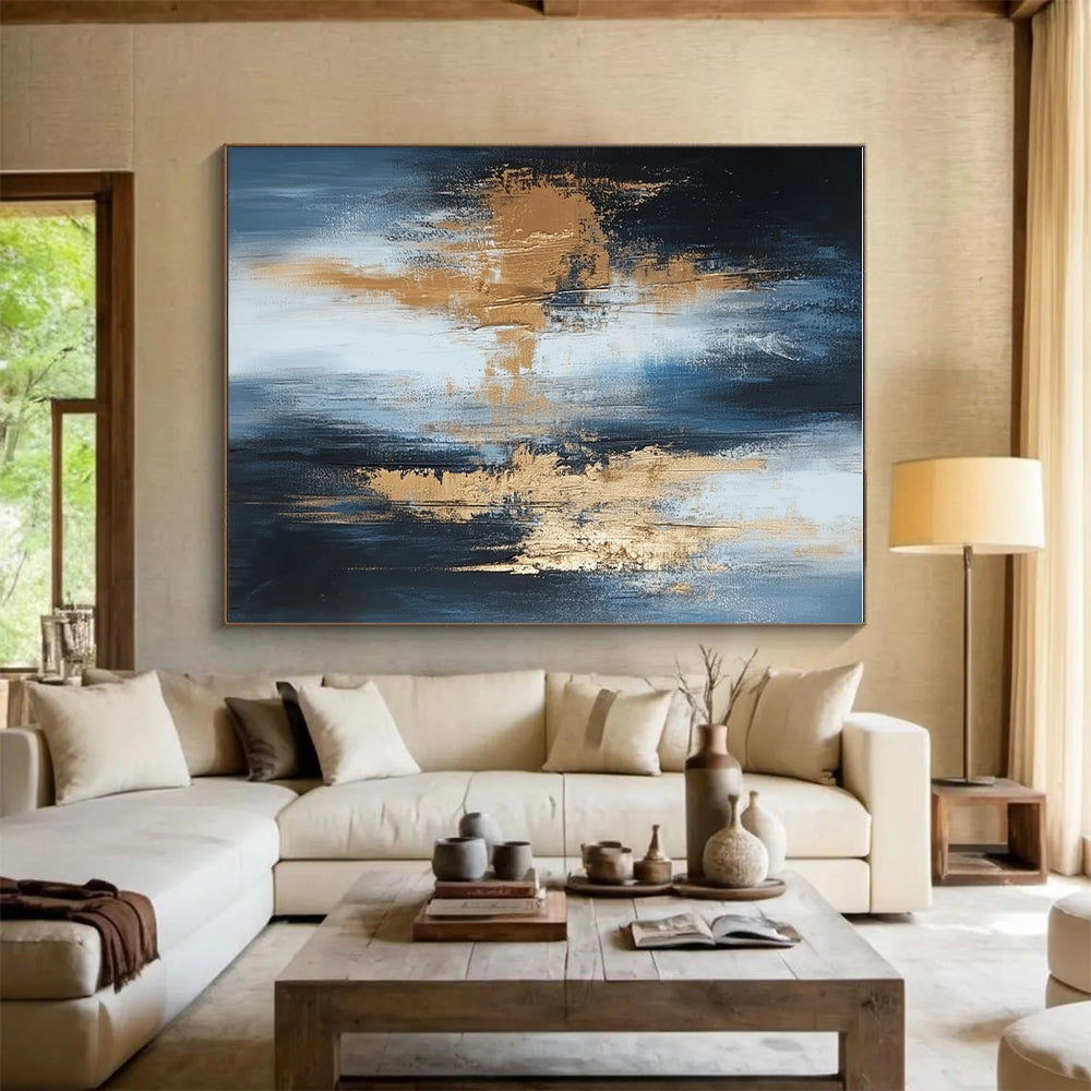 Large Size Blue, Black, and Gold Abstract Textured Painting For Sale HS115