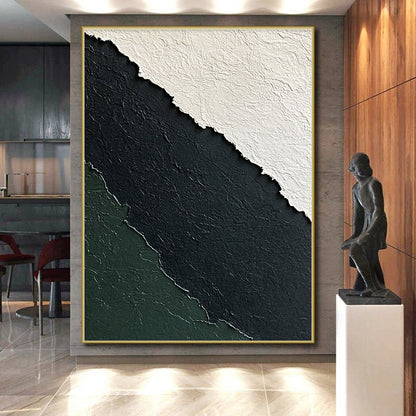 Hand-Painted Black, White, and Green Textured Layered Abstract Art HS181