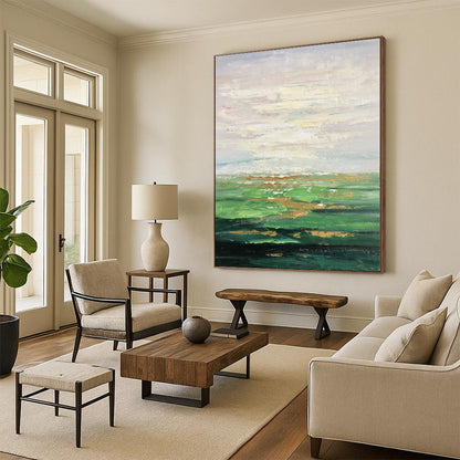 Hand-Painted Green and Gold Abstract Landscape Painting For Sale HS067