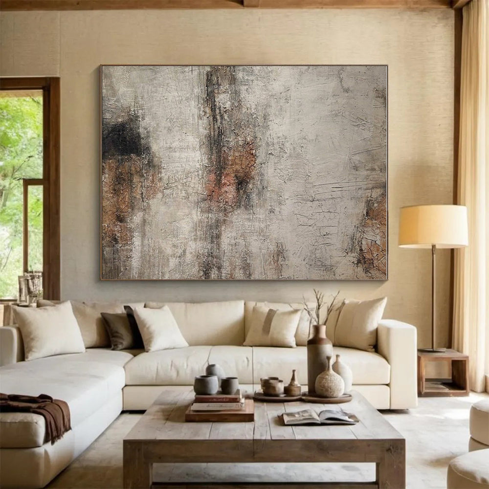 Large Painting In Living Room Gray, Brown, and Black Textured Abstract Art HS629