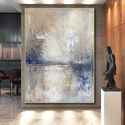 Hand Painted Art Beige and Blue Abstract Textured Landscape Painting For Sale HS123